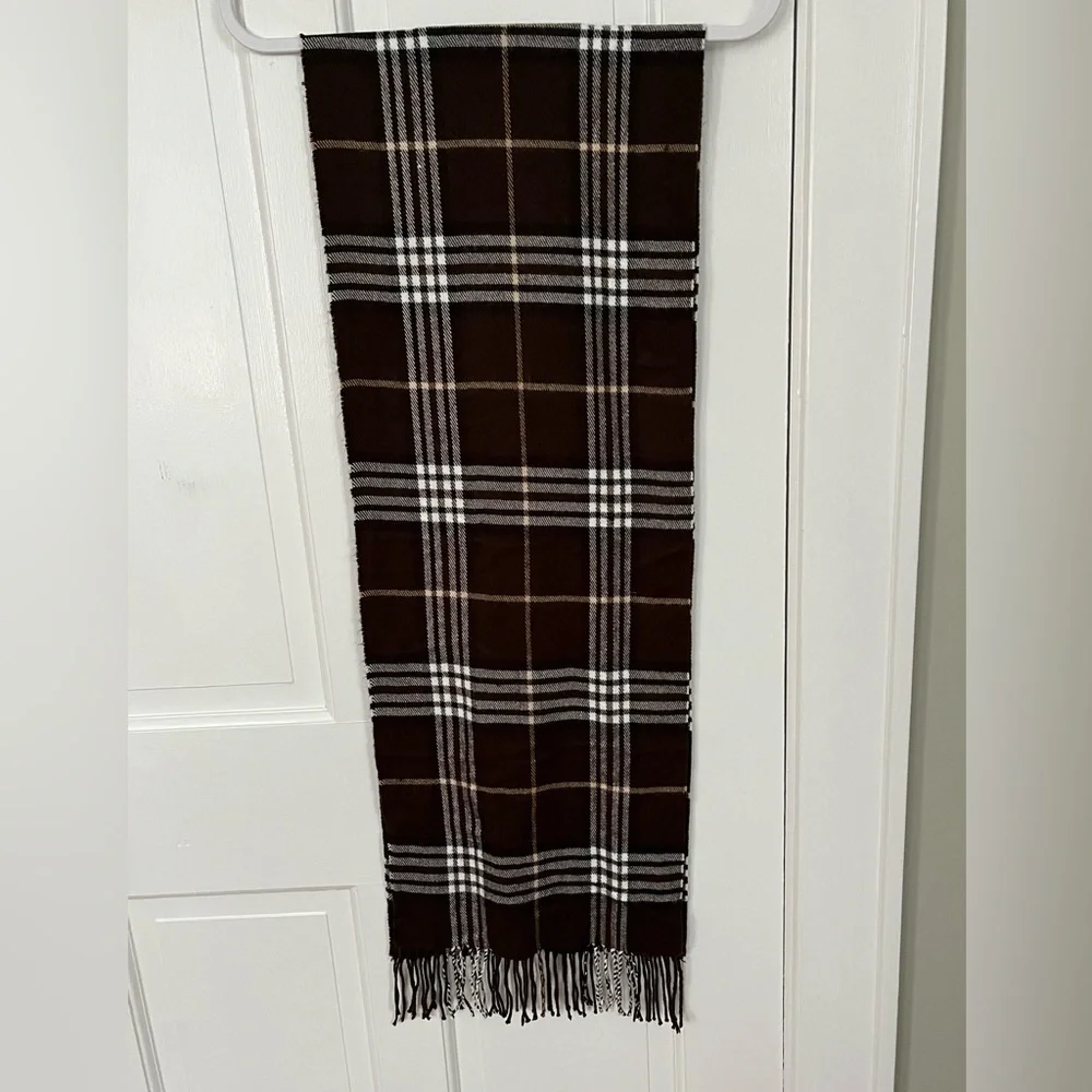 Cashmere 100% Made In Scotland Brown White Plaid Fringe Scarf Unisex One Size